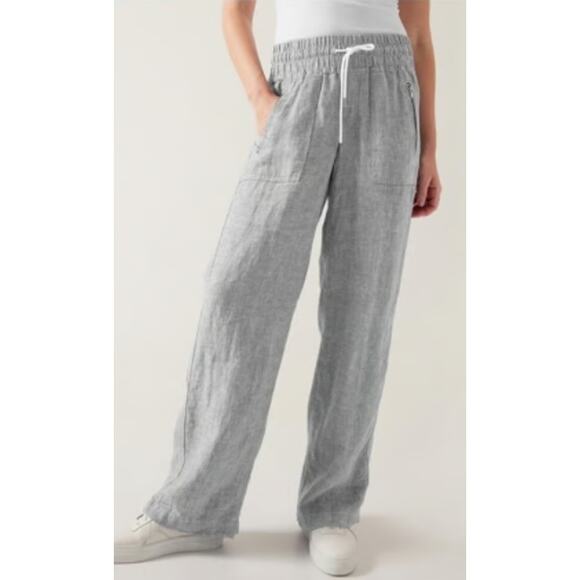 Athleta 14 Cabo Linen Wide Leg Heather Gray Pant Coastal Casual Yoga Beach - Picture 1 of 5